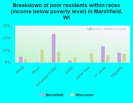 Breakdown of poor residents within races (income below poverty level) in Marshfield, WI