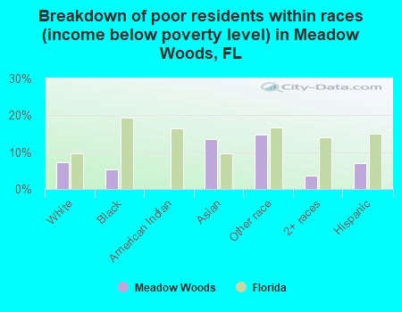 Breakdown of poor residents within races (income below poverty level) in Meadow Woods, FL