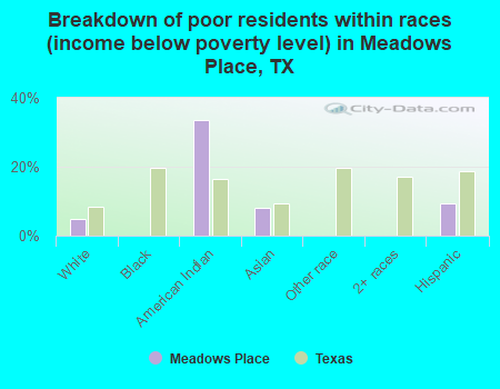 Breakdown of poor residents within races (income below poverty level) in Meadows Place, TX