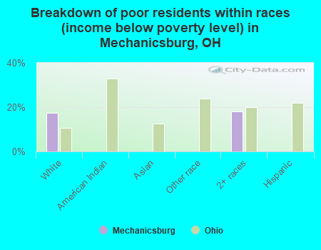 Breakdown of poor residents within races (income below poverty level) in Mechanicsburg, OH
