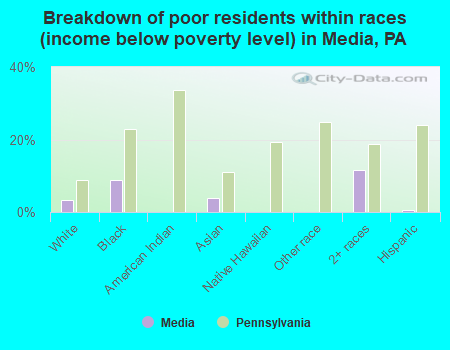 Breakdown of poor residents within races (income below poverty level) in Media, PA