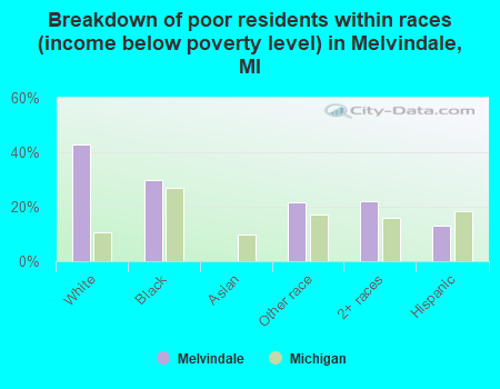 Breakdown of poor residents within races (income below poverty level) in Melvindale, MI