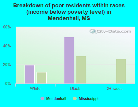 Breakdown of poor residents within races (income below poverty level) in Mendenhall, MS