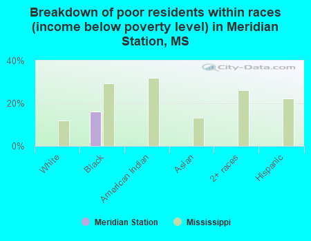 Breakdown of poor residents within races (income below poverty level) in Meridian Station, MS