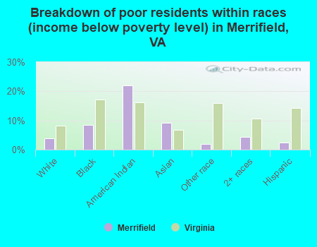 Breakdown of poor residents within races (income below poverty level) in Merrifield, VA