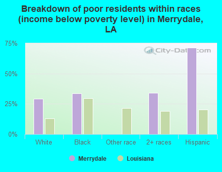Breakdown of poor residents within races (income below poverty level) in Merrydale, LA