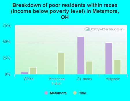 Breakdown of poor residents within races (income below poverty level) in Metamora, OH