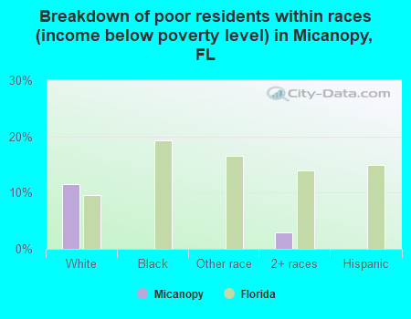 Breakdown of poor residents within races (income below poverty level) in Micanopy, FL
