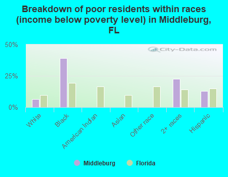 Breakdown of poor residents within races (income below poverty level) in Middleburg, FL