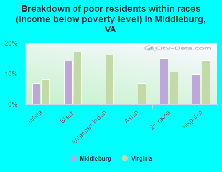 Breakdown of poor residents within races (income below poverty level) in Middleburg, VA