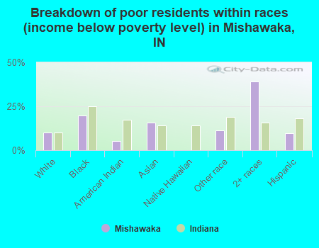 Breakdown of poor residents within races (income below poverty level) in Mishawaka, IN