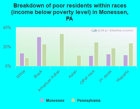 Breakdown of poor residents within races (income below poverty level) in Monessen, PA