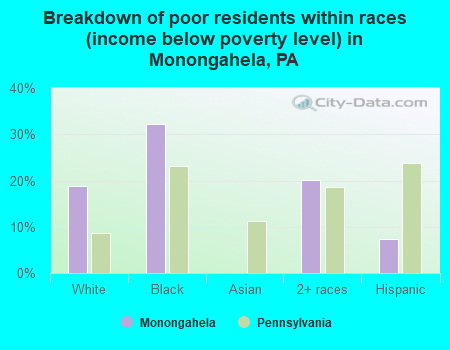 Breakdown of poor residents within races (income below poverty level) in Monongahela, PA