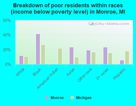 Breakdown of poor residents within races (income below poverty level) in Monroe, MI