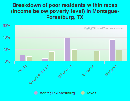 Breakdown of poor residents within races (income below poverty level) in Montague-Forestburg, TX