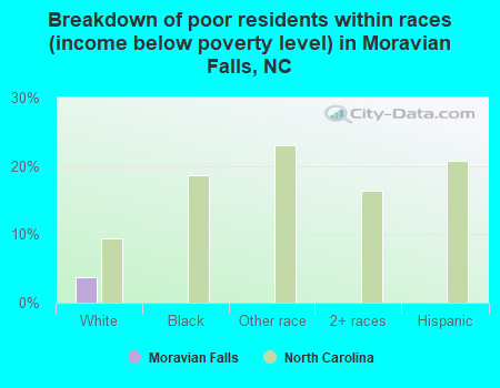 Breakdown of poor residents within races (income below poverty level) in Moravian Falls, NC