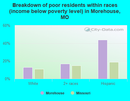 Breakdown of poor residents within races (income below poverty level) in Morehouse, MO