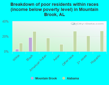 Breakdown of poor residents within races (income below poverty level) in Mountain Brook, AL