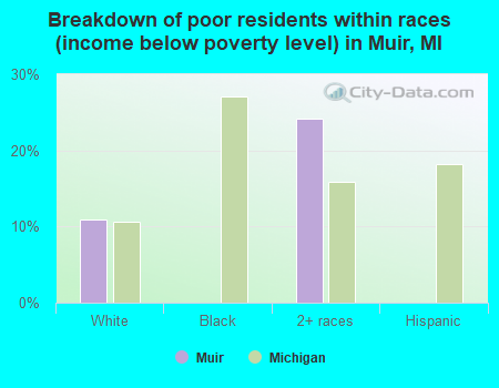 Breakdown of poor residents within races (income below poverty level) in Muir, MI