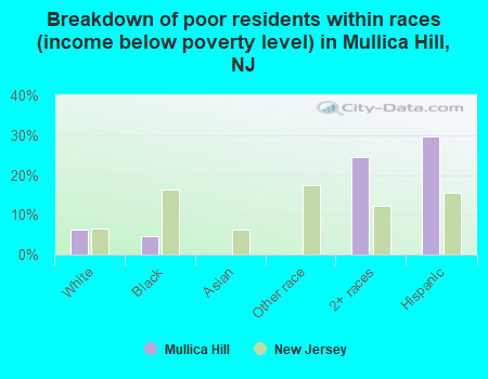 Breakdown of poor residents within races (income below poverty level) in Mullica Hill, NJ