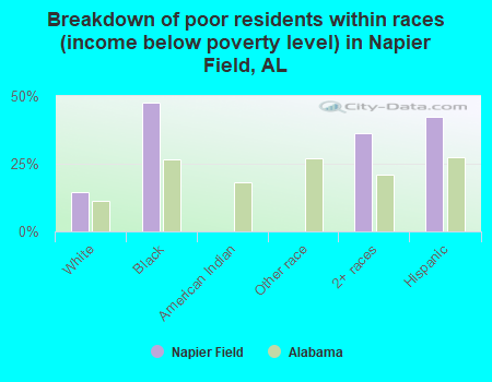 Breakdown of poor residents within races (income below poverty level) in Napier Field, AL