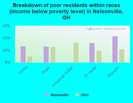 Breakdown of poor residents within races (income below poverty level) in Nelsonville, OH