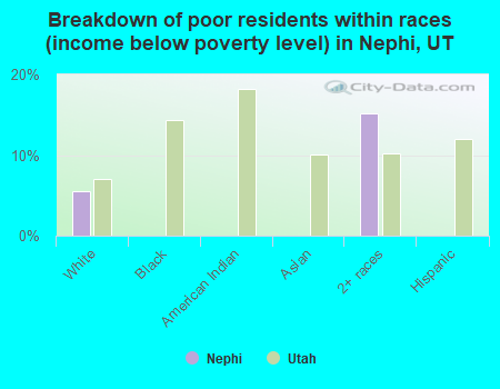 Breakdown of poor residents within races (income below poverty level) in Nephi, UT