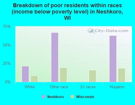 Breakdown of poor residents within races (income below poverty level) in Neshkoro, WI