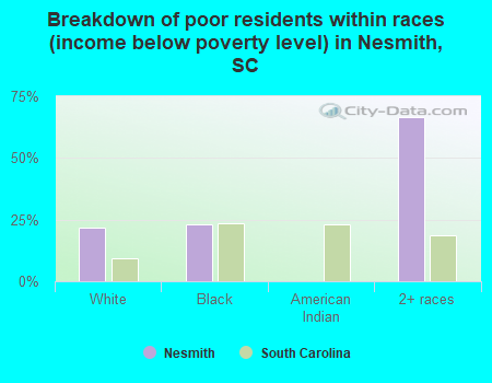 Breakdown of poor residents within races (income below poverty level) in Nesmith, SC