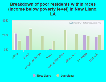 Breakdown of poor residents within races (income below poverty level) in New Llano, LA