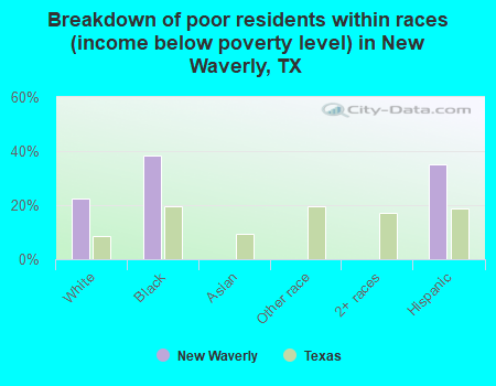 Breakdown of poor residents within races (income below poverty level) in New Waverly, TX
