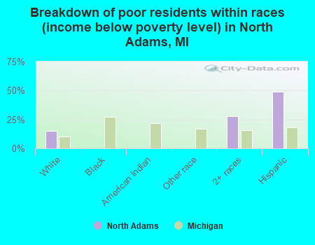 Breakdown of poor residents within races (income below poverty level) in North Adams, MI