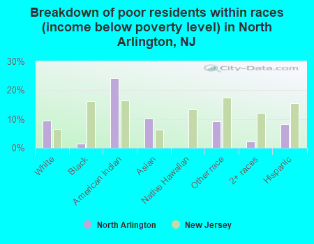 Breakdown of poor residents within races (income below poverty level) in North Arlington, NJ