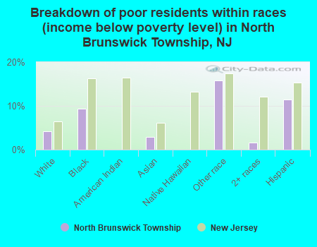 Breakdown of poor residents within races (income below poverty level) in North Brunswick Township, NJ