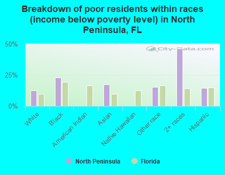 Breakdown of poor residents within races (income below poverty level) in North Peninsula, FL