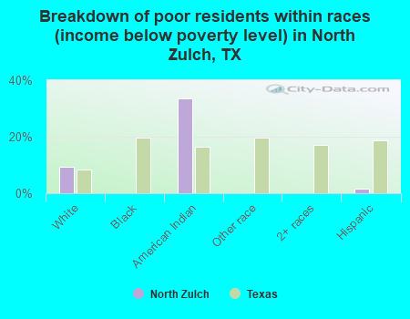 Breakdown of poor residents within races (income below poverty level) in North Zulch, TX