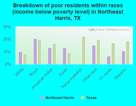 Breakdown of poor residents within races (income below poverty level) in Northeast Harris, TX