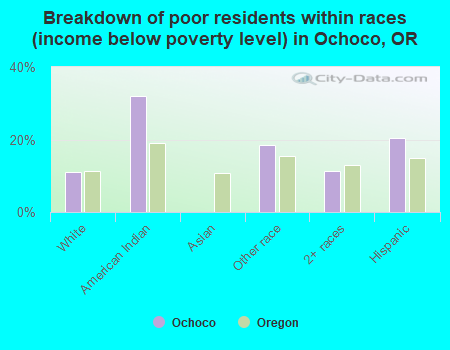 Breakdown of poor residents within races (income below poverty level) in Ochoco, OR