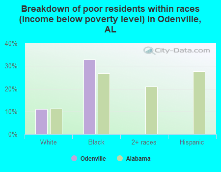 Breakdown of poor residents within races (income below poverty level) in Odenville, AL