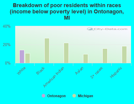 Breakdown of poor residents within races (income below poverty level) in Ontonagon, MI