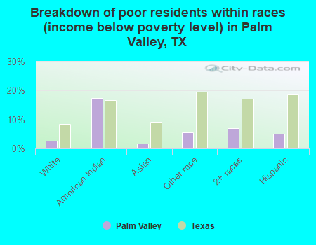 Breakdown of poor residents within races (income below poverty level) in Palm Valley, TX