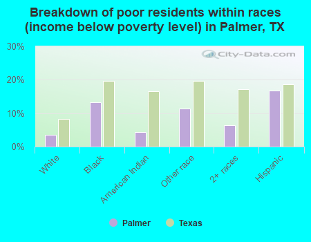 Breakdown of poor residents within races (income below poverty level) in Palmer, TX