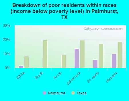 Breakdown of poor residents within races (income below poverty level) in Palmhurst, TX