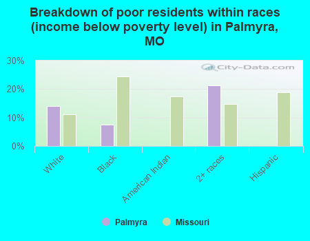 Breakdown of poor residents within races (income below poverty level) in Palmyra, MO