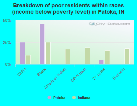 Breakdown of poor residents within races (income below poverty level) in Patoka, IN