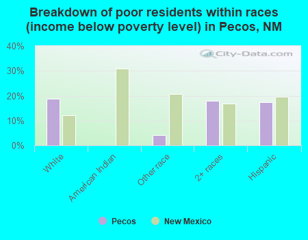 Breakdown of poor residents within races (income below poverty level) in Pecos, NM