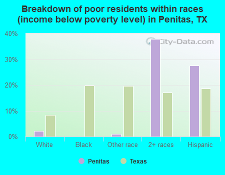 Breakdown of poor residents within races (income below poverty level) in Penitas, TX