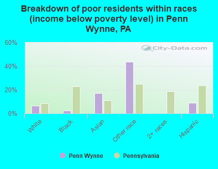 Breakdown of poor residents within races (income below poverty level) in Penn Wynne, PA