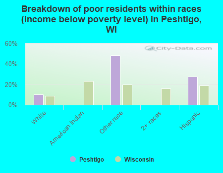 Breakdown of poor residents within races (income below poverty level) in Peshtigo, WI