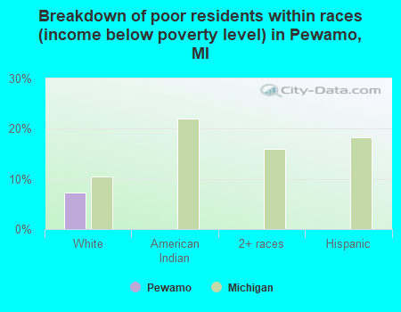 Breakdown of poor residents within races (income below poverty level) in Pewamo, MI